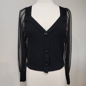 J. Ing Bow Button Cardigan Sweater Sheer Lace Sleeves Sweetheart Neckline size S
